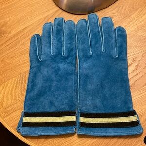 PREVIEW International suede leather gloves. Teal blue with black & green accent
